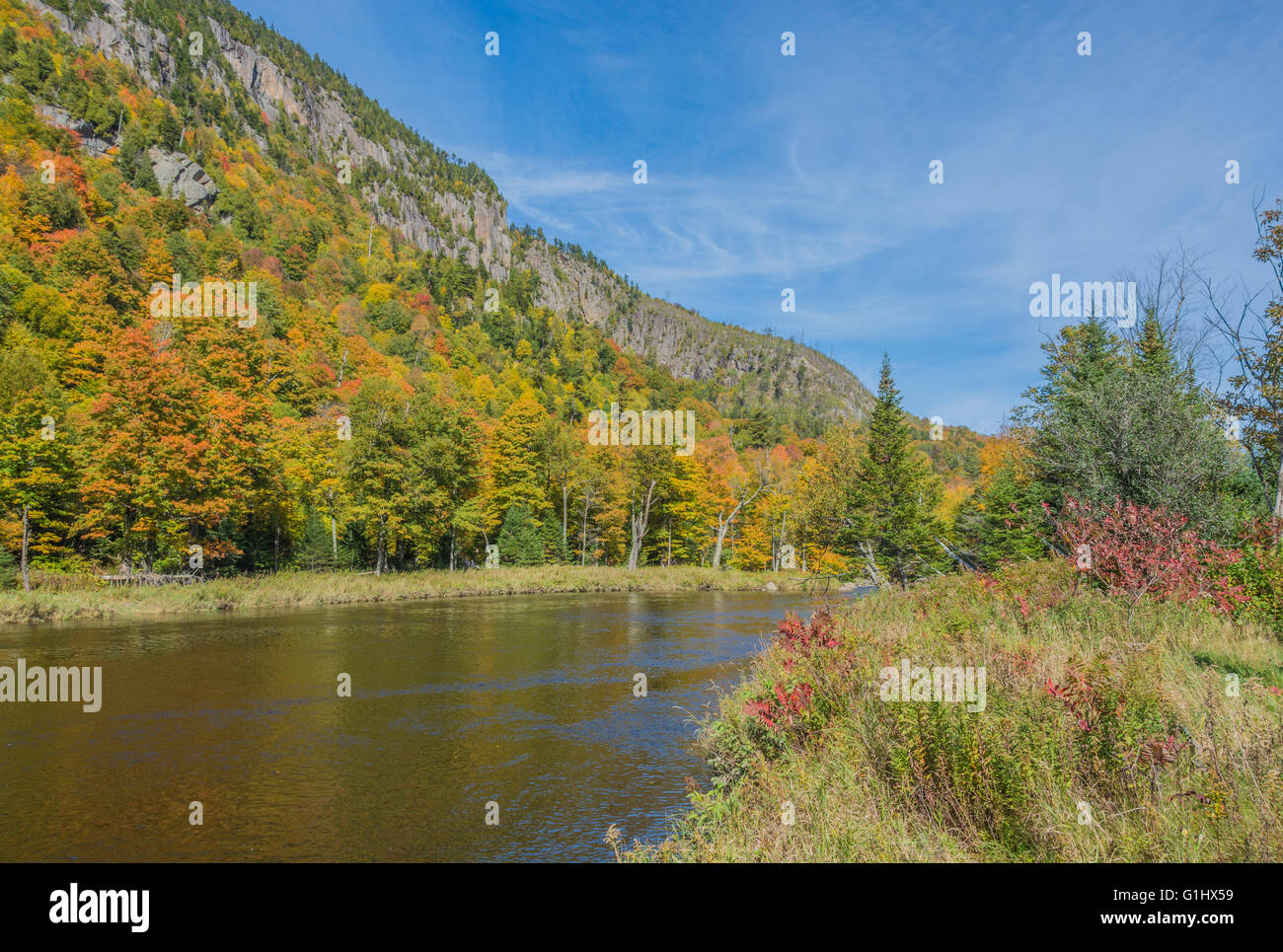 Bright autumn colors at Moss Cliff and Ausable River. Stock Photo