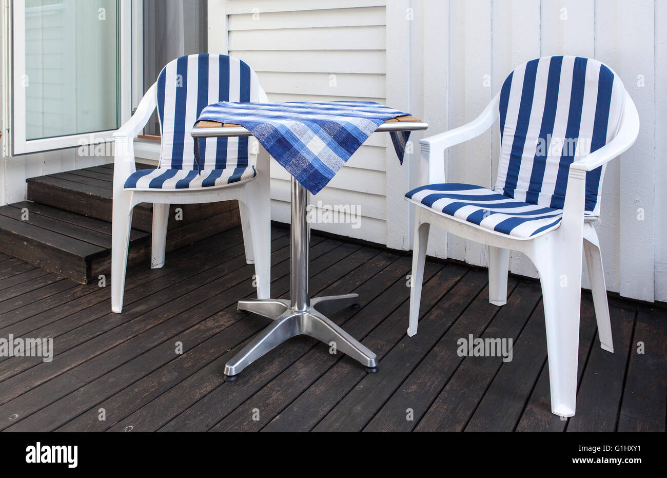 Patio Furniture Blue And White On A Balcony Wooden Wall In The Stock Photo Alamy