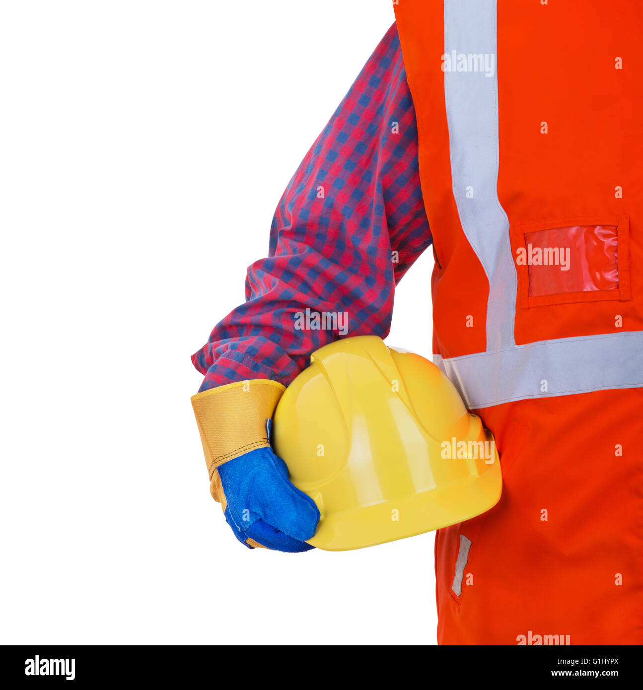 Safety Protective Work Equipment.Worker in orange vest holding yellow helmet isolated on white background Stock Photo