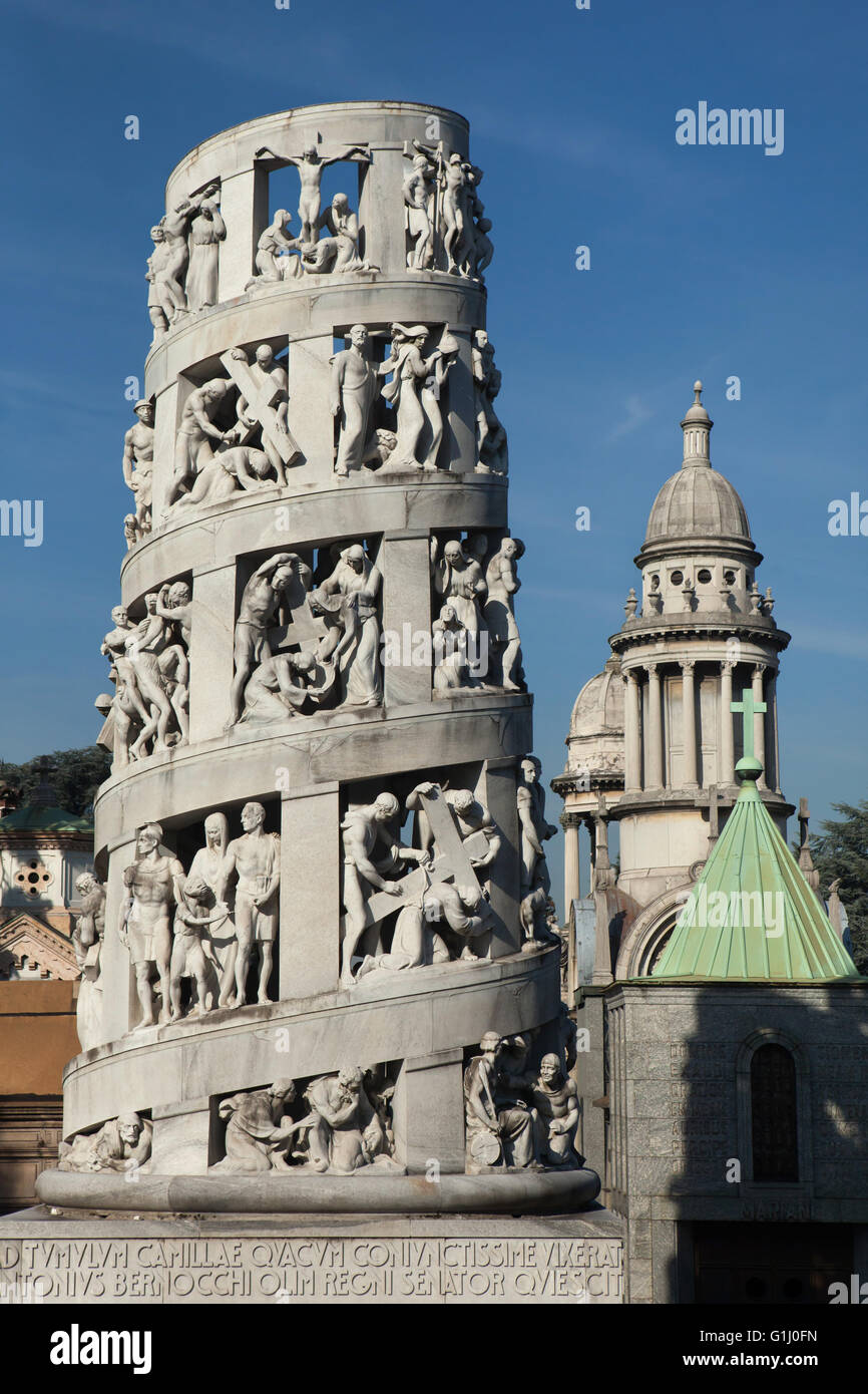 Memorial to Italian textile industrialist Antonio Bernocchi designed by architect Alessandro Minali and sculptor Giannino Castiglioni (1936) at the Monumental Cemetery (Cimitero Monumentale di Milano) in Milan, Lombardy, Italy. Stock Photo