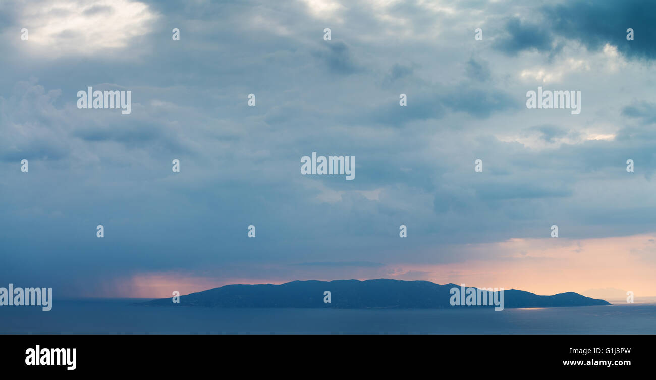 Giglio Island at sunset, view from Argentario island, Tuscany, Italy, Europe Stock Photo