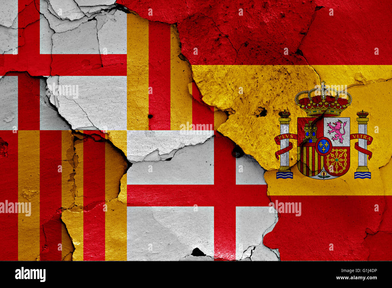flags of Barcelona and Spain painted on cracked wall Stock Photo