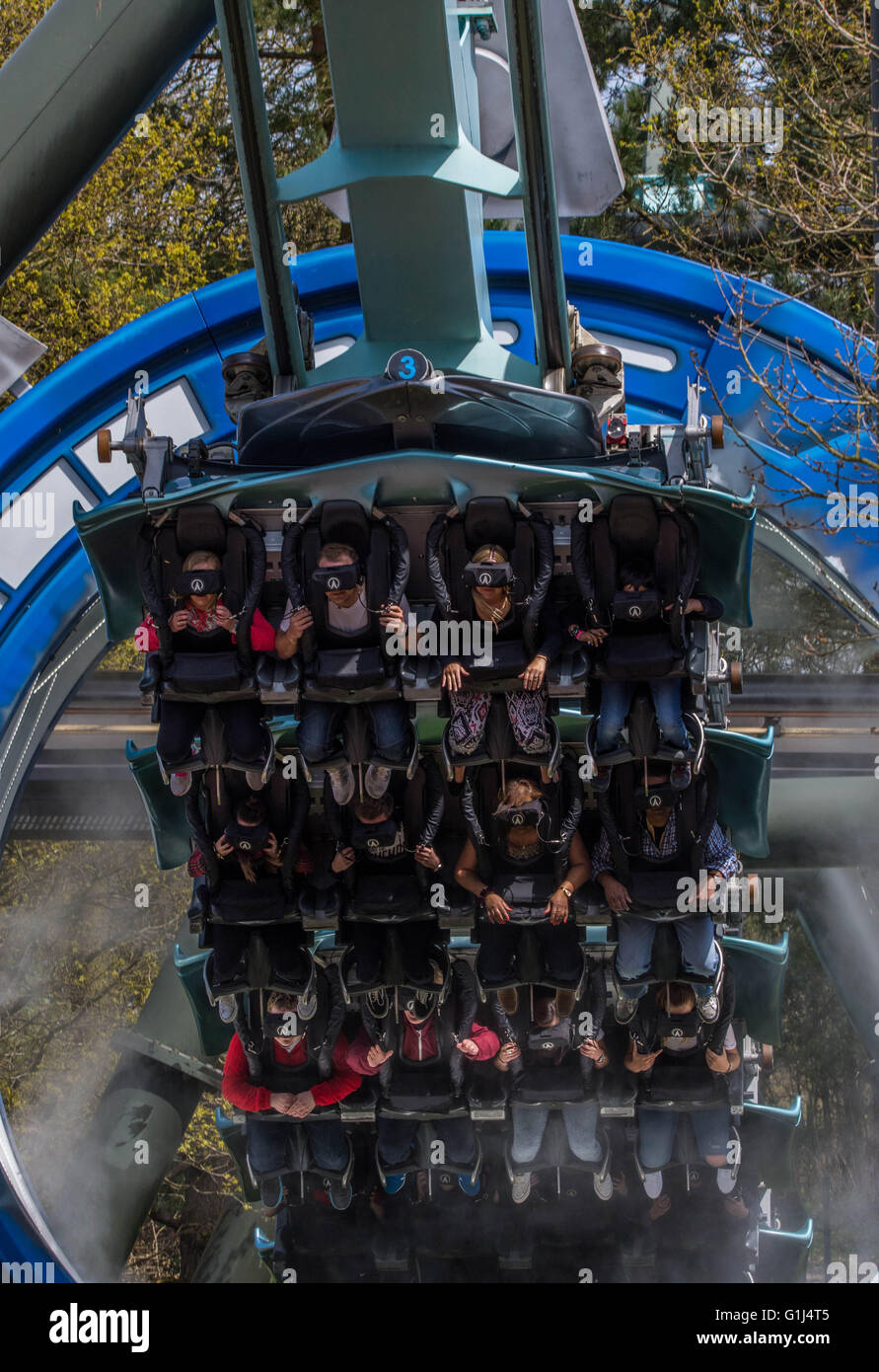 Alton Towers New VR Rollercoaster Air galactica , Riders Flying Though Space with a VR HEad On Rollercoaster Stock Photo