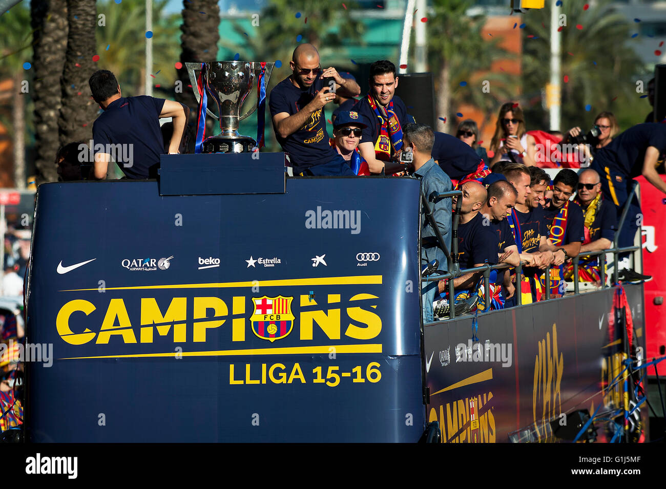 Barcelona, Spain. 15th May, 2016. FC Barcelona holds a celebration parade  for winning the Spanish La