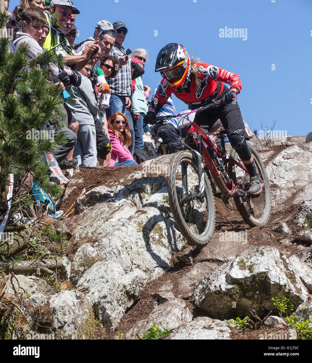 Carrick Mountain, Co Wicklow, Ireland. 15th May, 2016. Emerald Enduro World Series mountain bike downhill racing on Carrick Mountain in County Wicklow was, Isabeau Courdurier, from France, competing in the womens race. Credit:  Peter Cavanagh/Alamy Live News Stock Photo