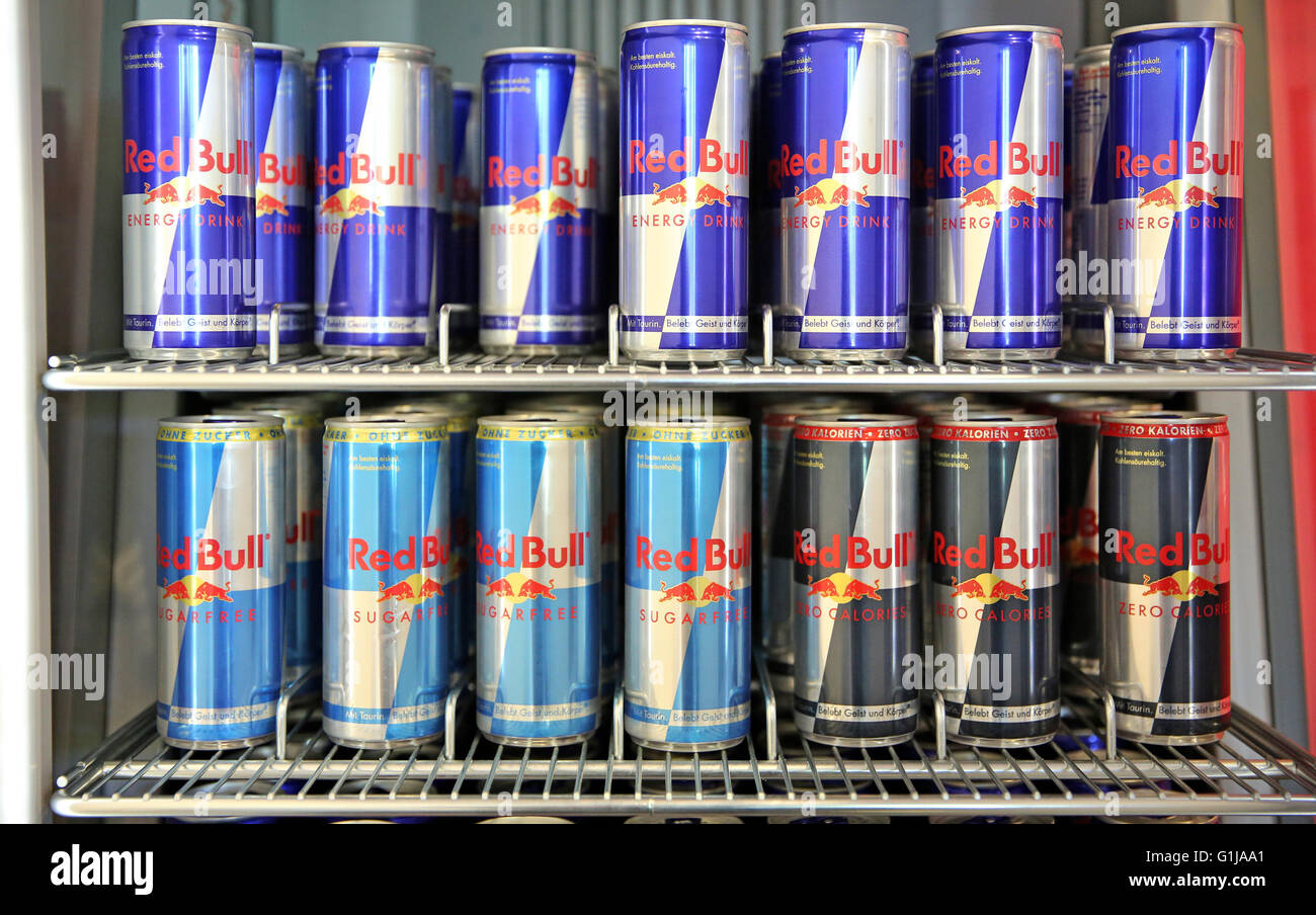 A friedge with cans of Red Bull in a press conference room at Red Bull Akademie in Leipzig, germany, 9 May 2016. PHOTO: JAN WOITAS/dpa Stock Photo