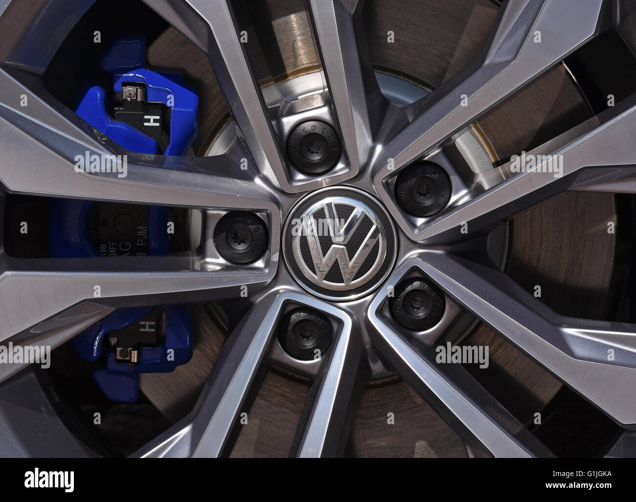 The Volkswagen AG logo on a wheel during an advertising campaign in ...