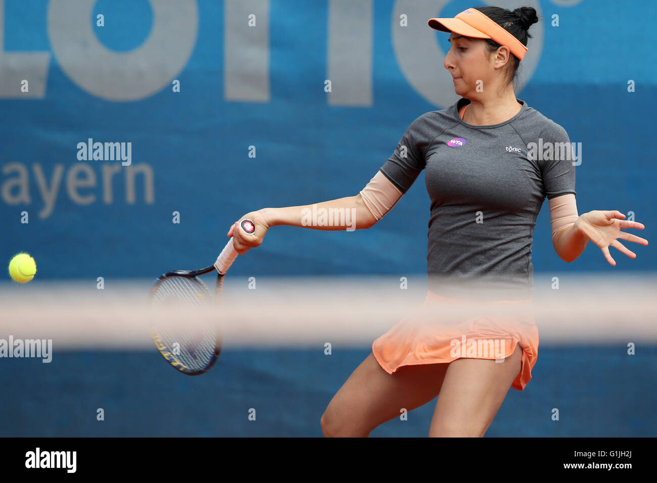 Nuremberg, Germany. 17th May, 2016. Romania's Cristina Dinu in action  against Germany's Julia Goerges during their first round match of the WTA  tennis tournament in Nuremberg, Germany, 17 May 2016. Photo: DANIEL