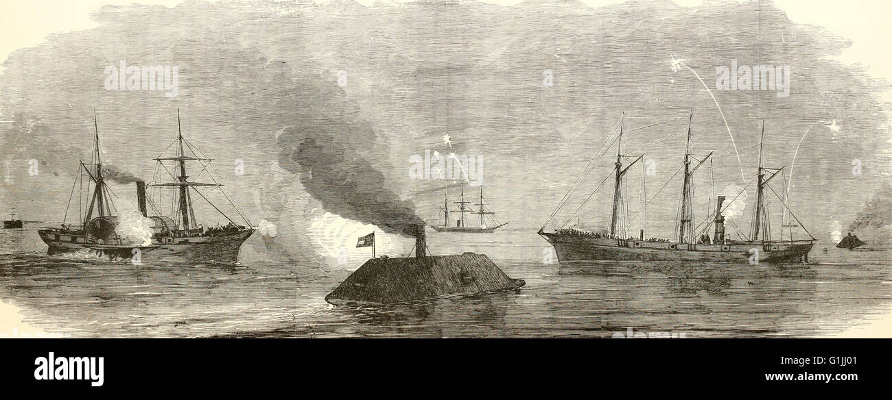 Confederate Rams from Charleston Harbor attacking the Federal blockading squadron, January 31, 1863. USA Civil War Stock Photo