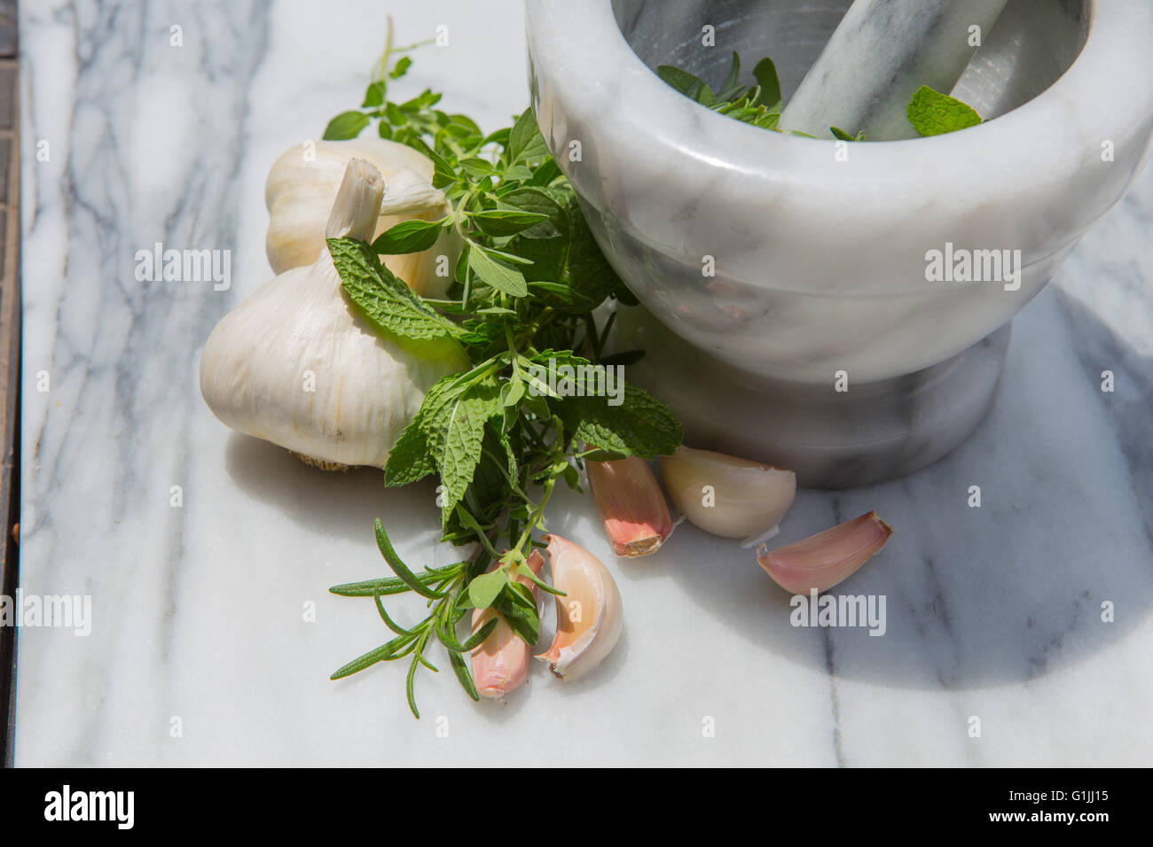 Marble mortar and pestle on a marble board with fresh garlic and herbs in natural lighting Stock Photo