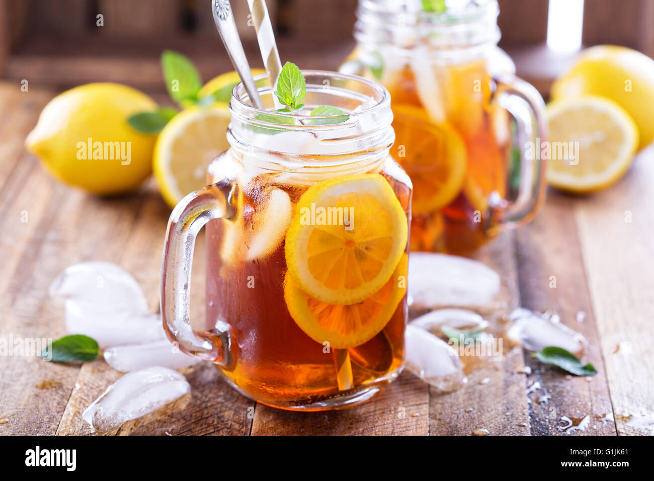 Iced tea with lemon slices Stock Photo