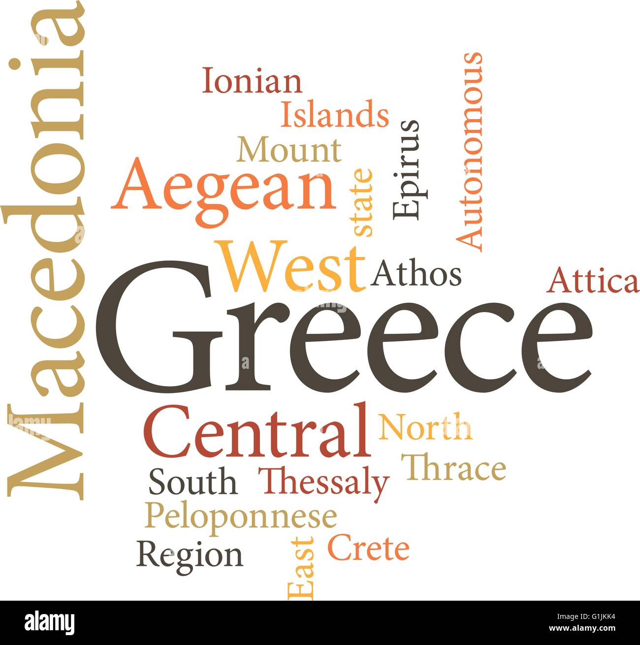 regions of greece in word clouds isolated on white background Stock