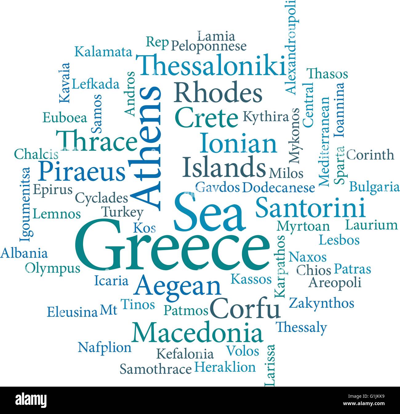 illustration of the word cities of greece in word clouds isolated on