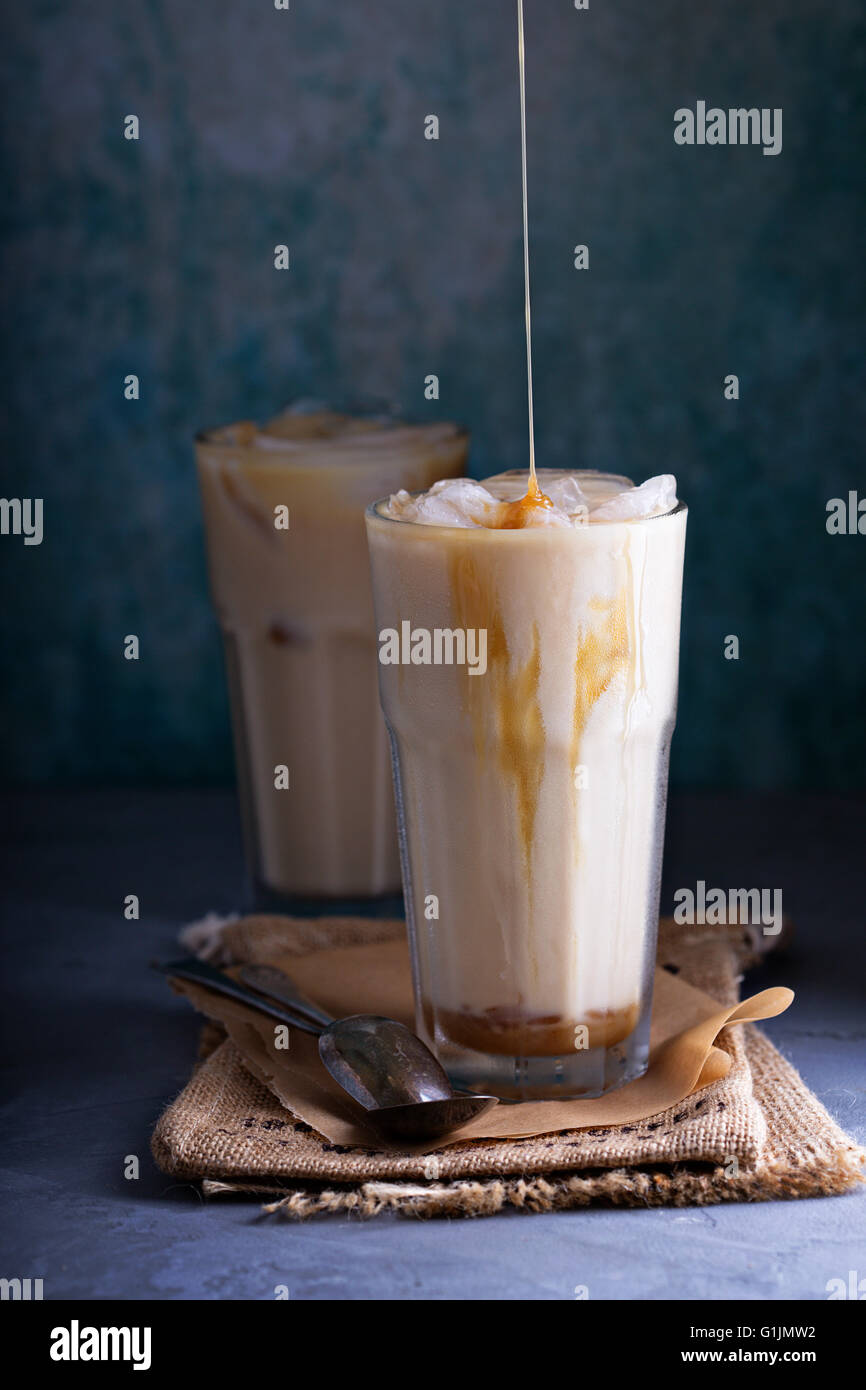 Iced coffee with milk in tall glasses Stock Photo Alamy