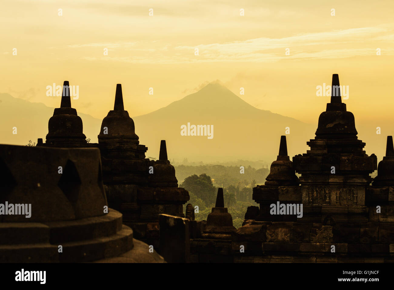 Buddist Temple Borobudur at Sunrise. Yogyakarta, Indonesia. Stock Photo