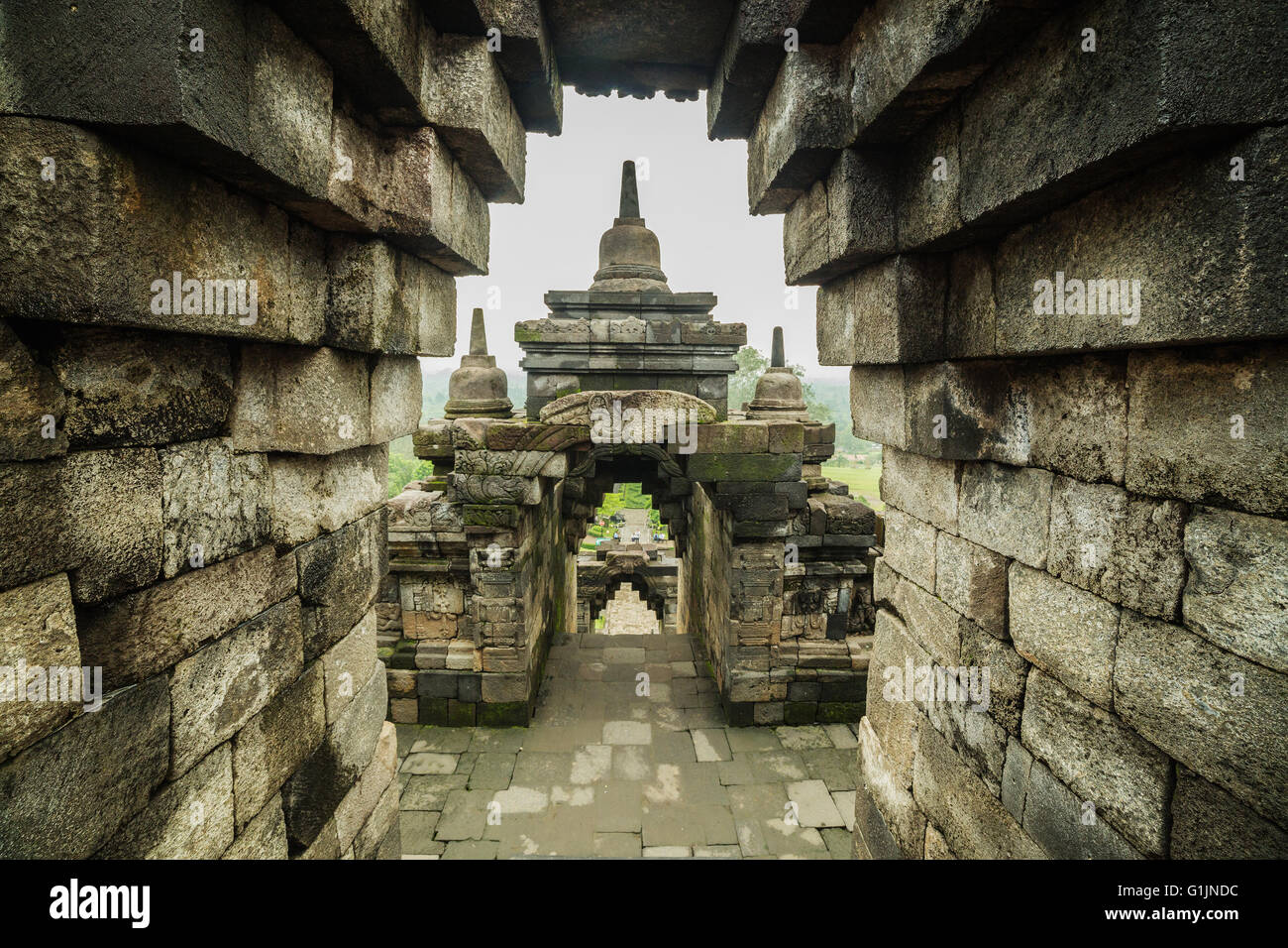 Stone stairs and passages in the Temple Borobudur at Sunrise. Yogyakarta, Indonesia. Stock Photo