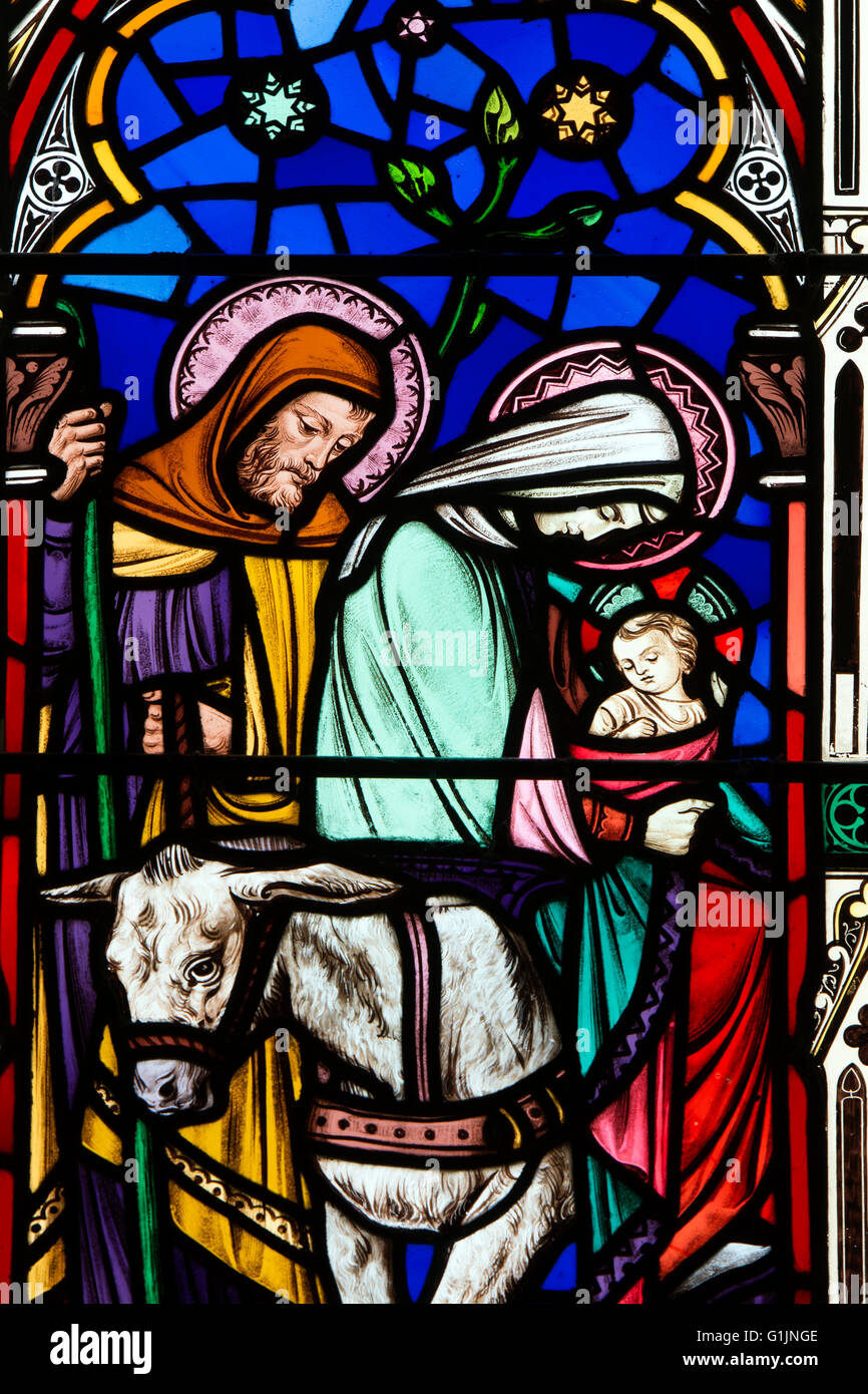 Flight into Egypt stained glass, All Hallows Church, South Cerney