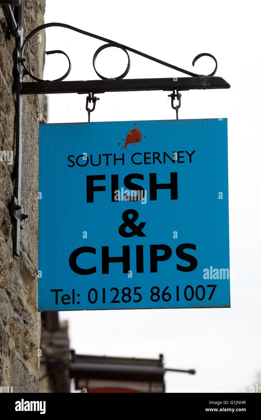 Fish and chips shop sign, South Cerney, Gloucestershire, England, UK