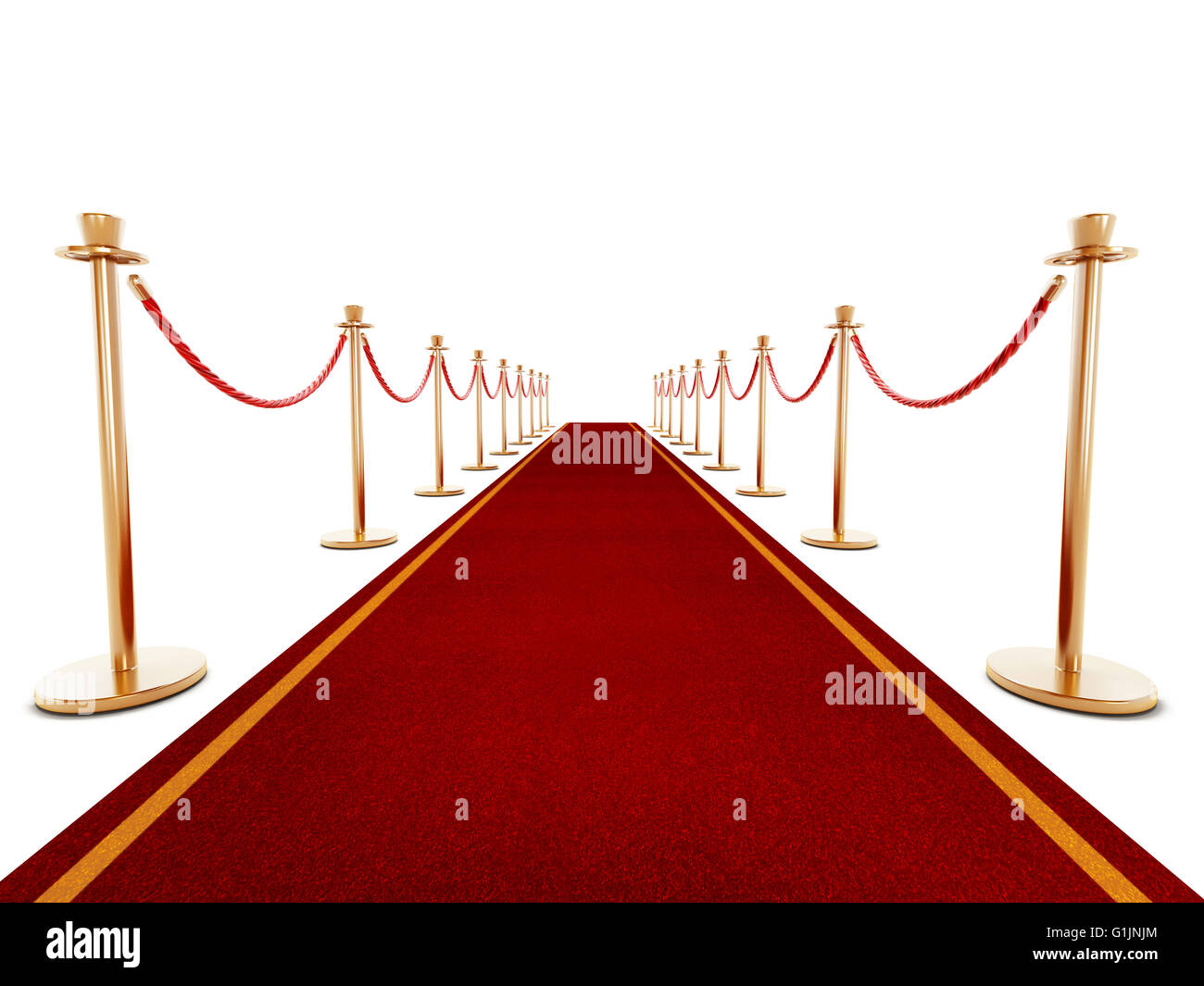Red carpet and velvet ropes isolated on white background Stock Photo