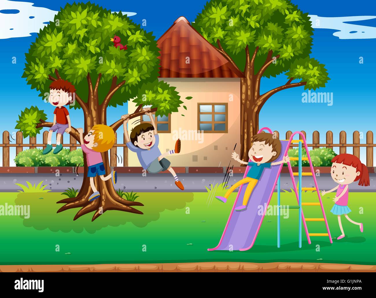 Children playing slide in the playground illustration Stock Vector ...