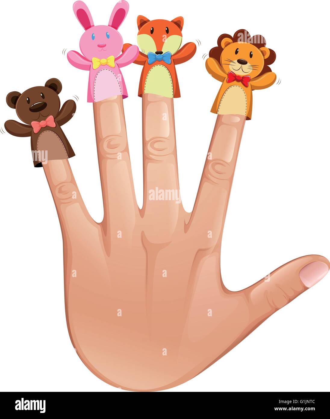 Four finger puppets on human hand illustration Stock Vector