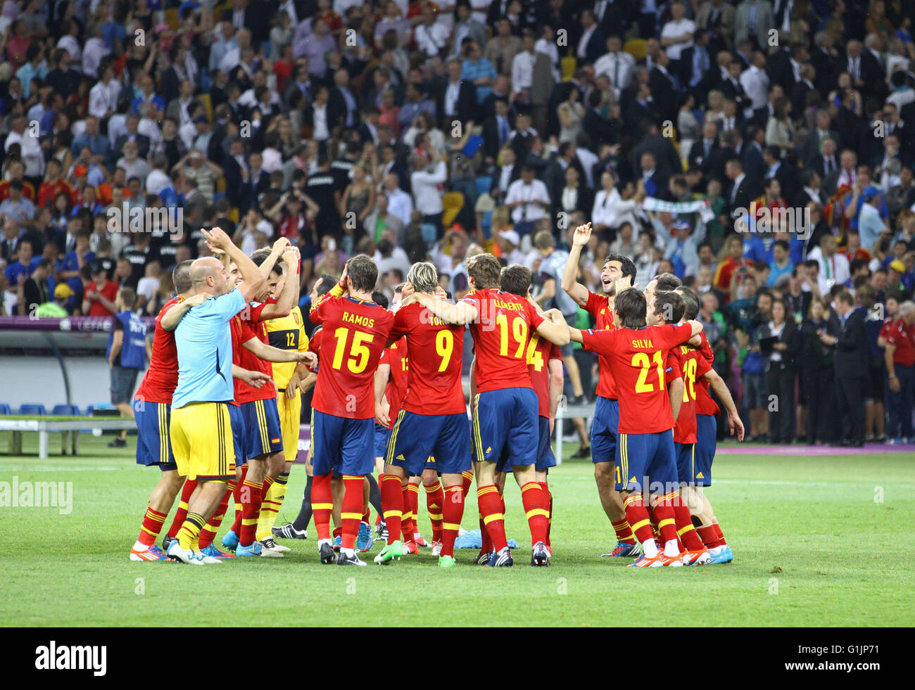 Players of Spain national football team celebrates their winning of the