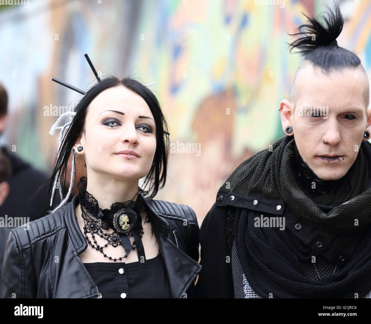 Goth Festival (Gotik-Wave-Treffen) Leipzig, Germany, 13th - 15th May 2016. Man & woman in black with piercings and punk hair. Stock Photo