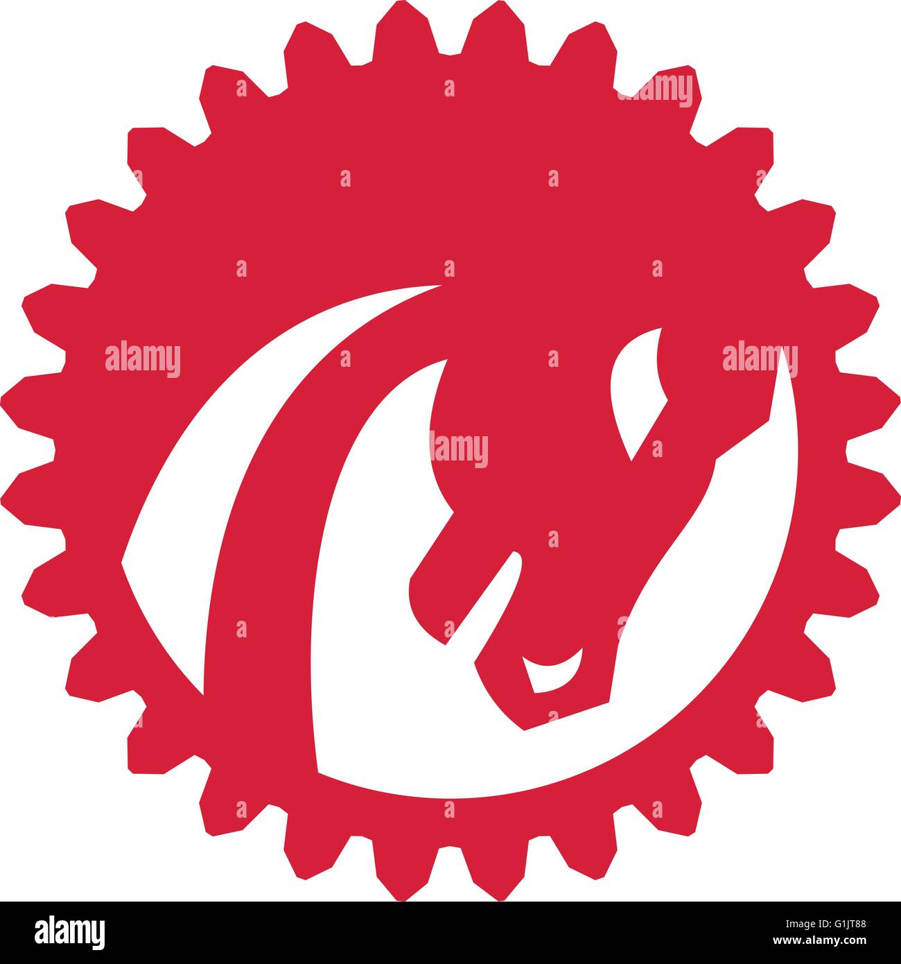 Illustration of a red horse head mane viewed from the side set inside circle and gear teeth shape on isolated white background done in retro style. Stock Vector