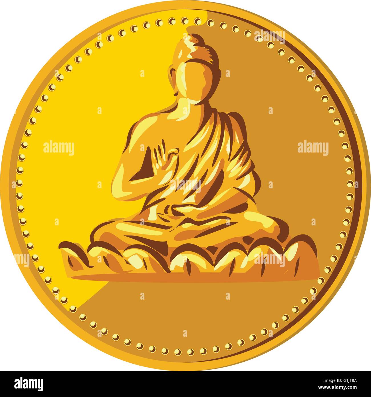 Illustration of a gold coin medallion showing silhouette of Gautama Buddha, Siddhārtha Gautama, Shakyamuni Buddha in lotus position viewed from front done in retro style. Stock Vector