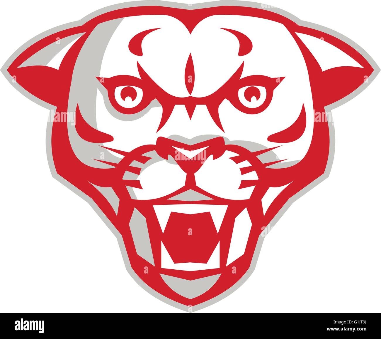 Illustration of an angry cougar mountain lion head showing fangs viewed from front set on isolated white background done in retro style. Stock Vector