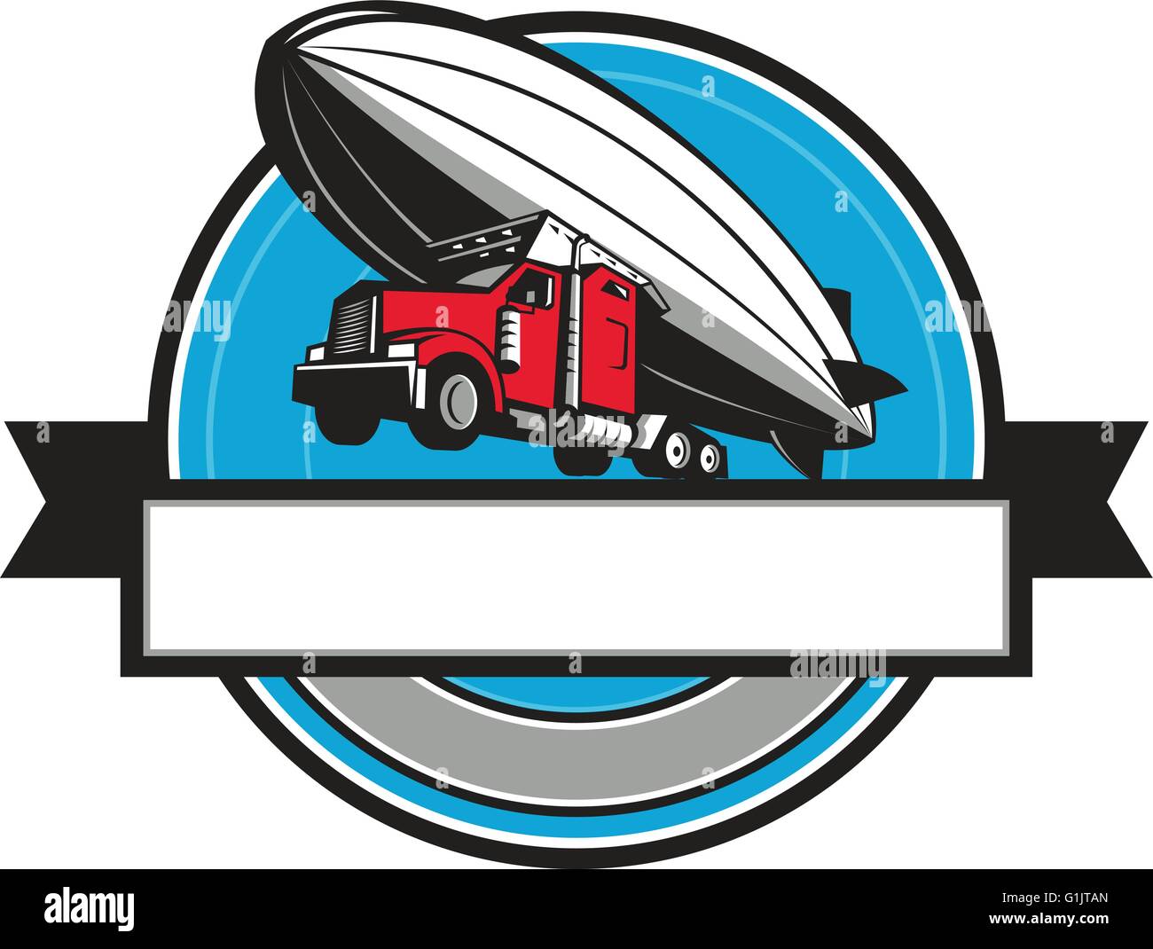 Illustration of a half semi-truck tractor trailer and zeppelin blimp flying overhead set inside circle with ribbon done in retro style. Stock Vector