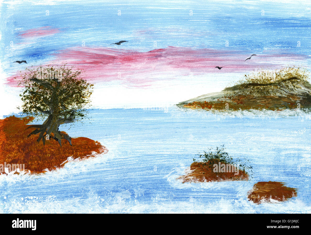 Sea Evening Landscape Hand Drawing Acrylic Sky Water Coast Stock Photo Alamy
