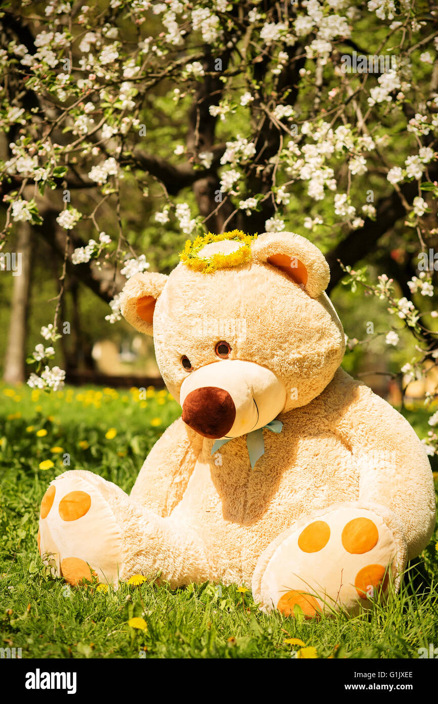 big teddy bear sitting under blowing trees Stock Photo
