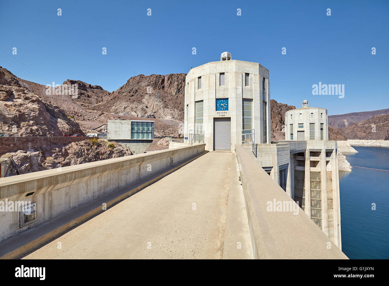 Wide angle picture of the Hoover Dam water intake towers, USA. Stock Photo