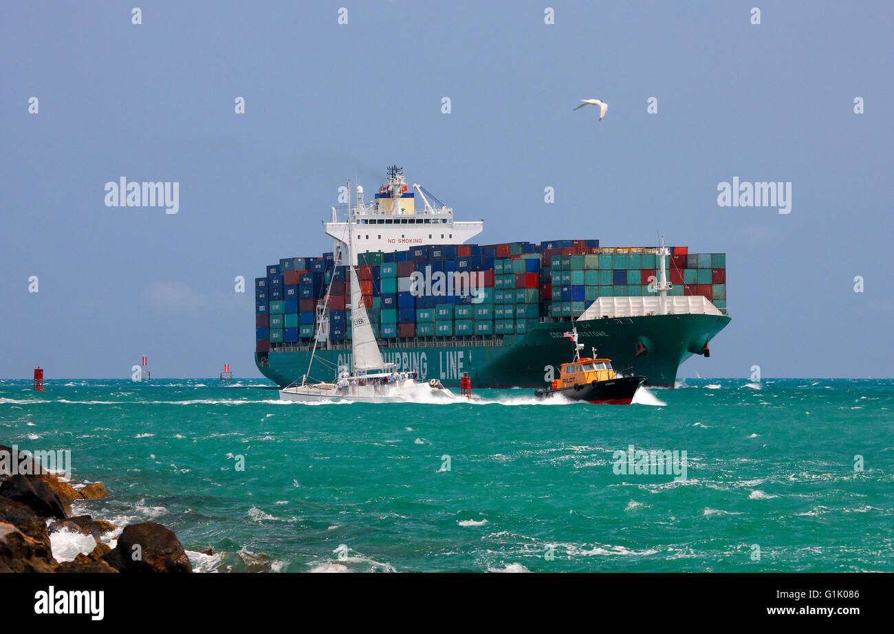 Cargo ship sail to Miami port, Florida, USA Stock Photo