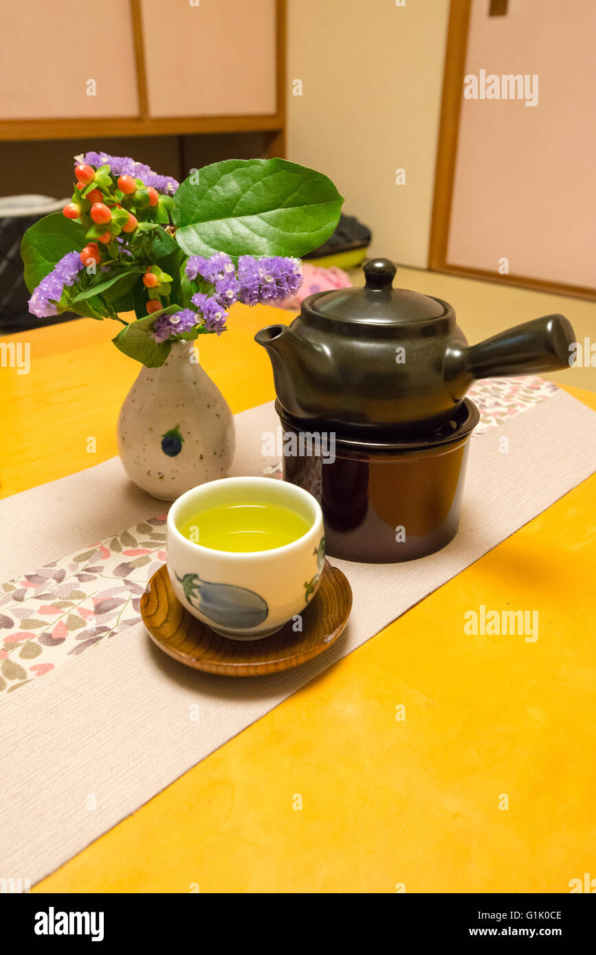 Japanese tea pot and cup on table Stock Photo