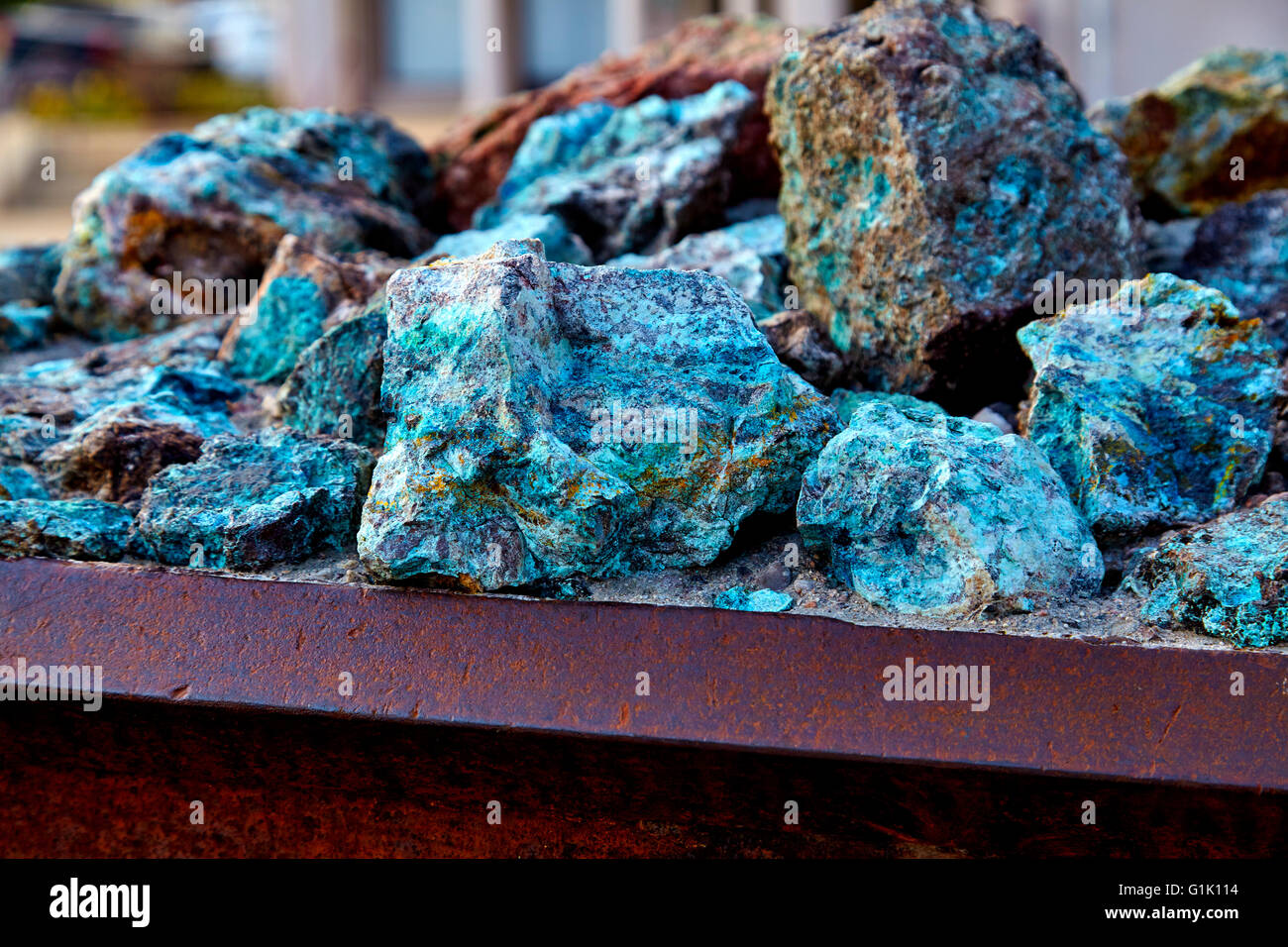 Chunks of copper ore mineral rocks in an iron barrel Stock Photo Alamy