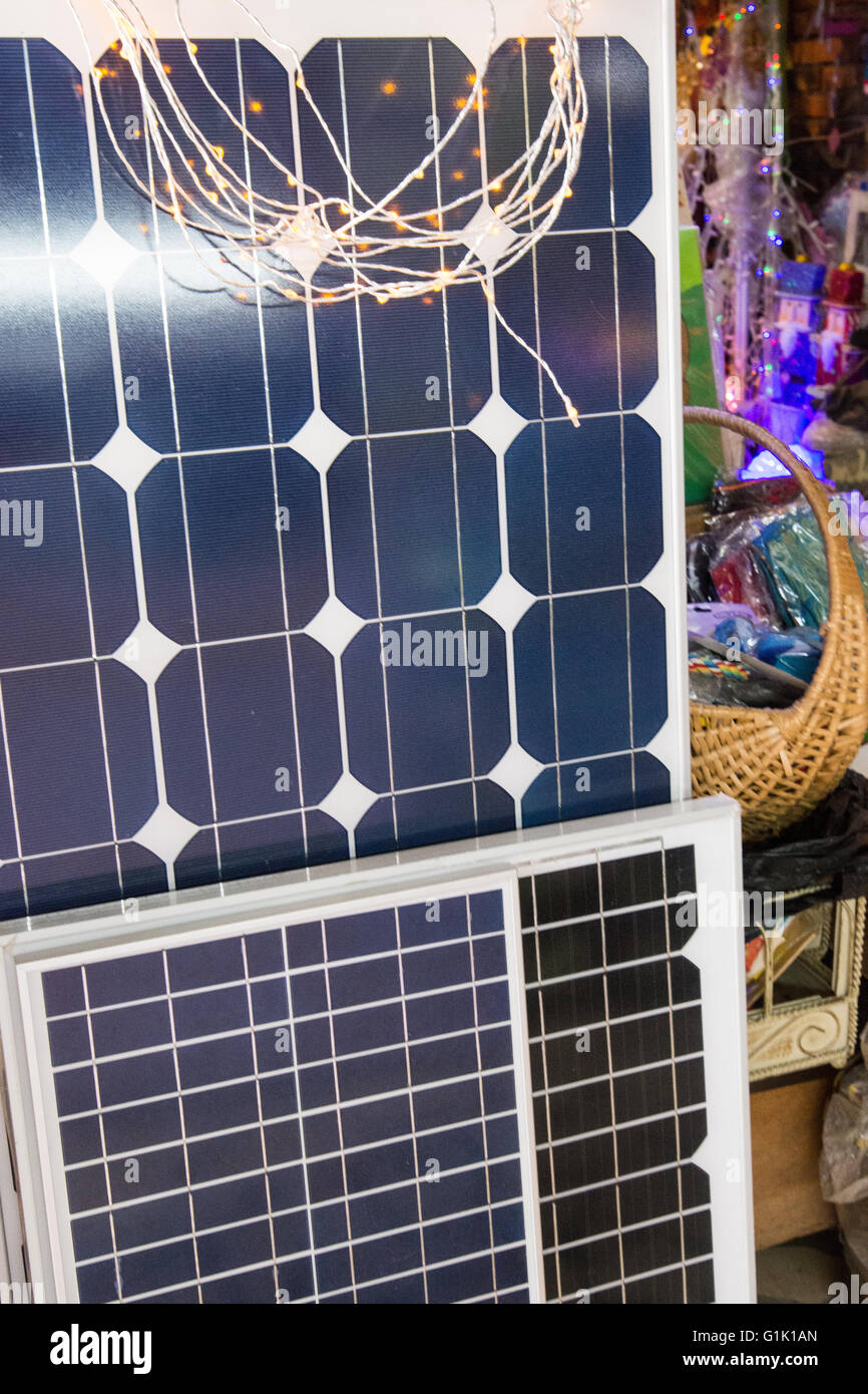 Close up of second hand solar panels on display Stock Photo