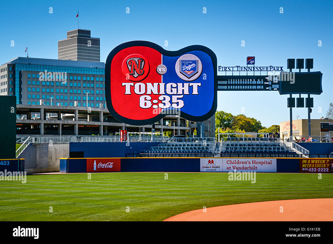 The iconic Guitar shaped scoreboard at the First Tennessee Park stadium
