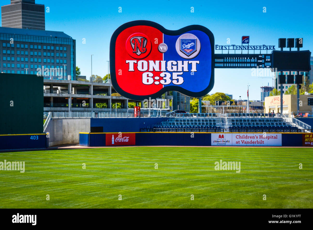 The iconic Guitar shaped scoreboard at the First Tennessee Park stadium