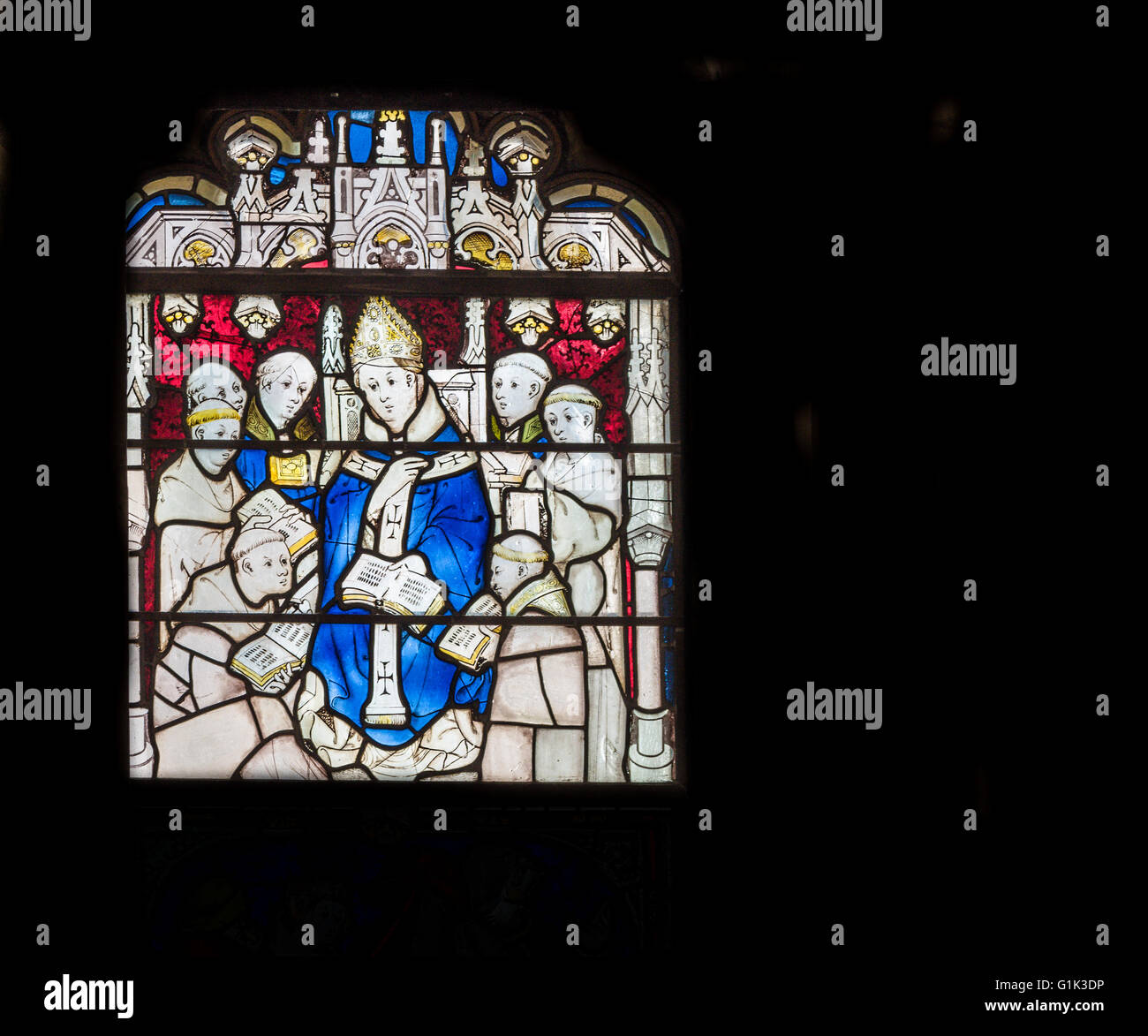 One of the117 story panels in the medieval stained glass window at the east end of York Minster (cathedral), England. Stock Photo