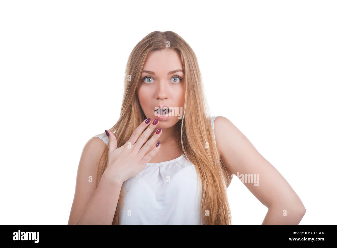 Blond woman surprised hands hi-res stock photography and images - Alamy