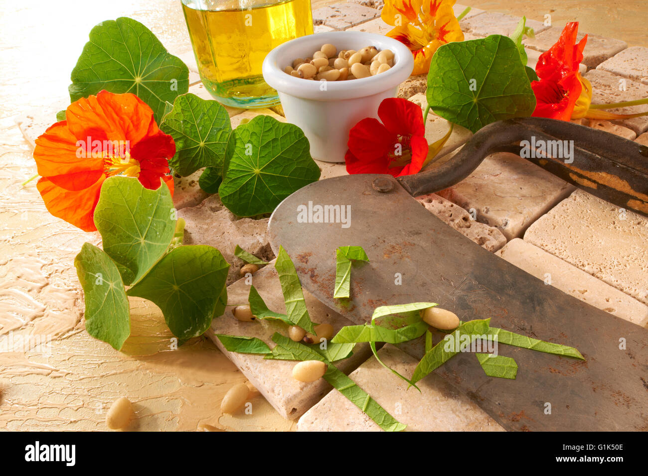 close up of mixed fresh red and yellow nasturtium flowers & leaves being prepared to eat Stock Photo