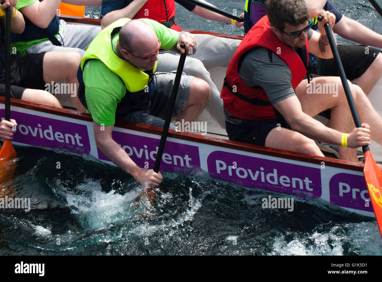 Editorial image of men taking part in the Dragon Boat Race in Salford Quays, Greater Manchester. Stock Photo