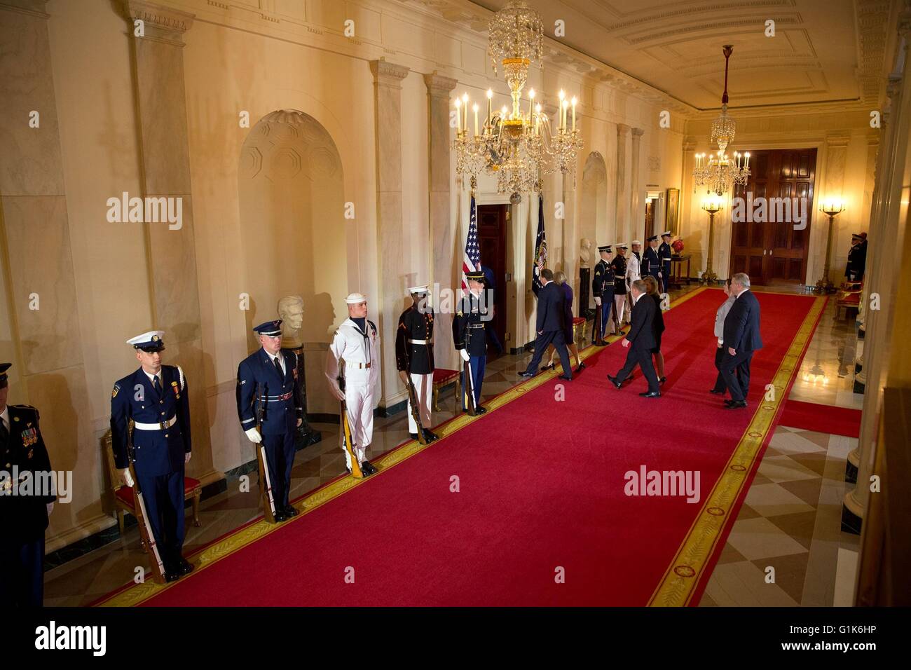 U.S President Barack Obama and Nordic leaders depart the arrival ceremony in the Cross Hall at the White House May 13, 2016 in Washington, DC. Stock Photo