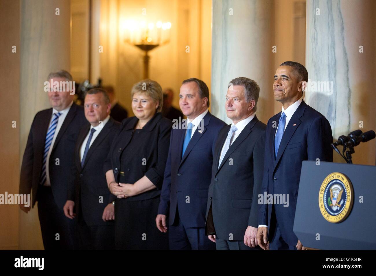 U.S President Barack Obama stands with the Nordic leaders during the arrival ceremony in the Grand Foyer of the White House May 13, 2016 in Washington, DC. From left are Prime Minister Sigurdur Ingi Johannsson of Iceland, Prime Minister Lars Lokke Rasmussen of Denmark, Prime Minister Erna Solberg of Norway, Prime Minister Stefan Lofven of Sweden, and President Sauli Niinisto of Finland. Stock Photo
