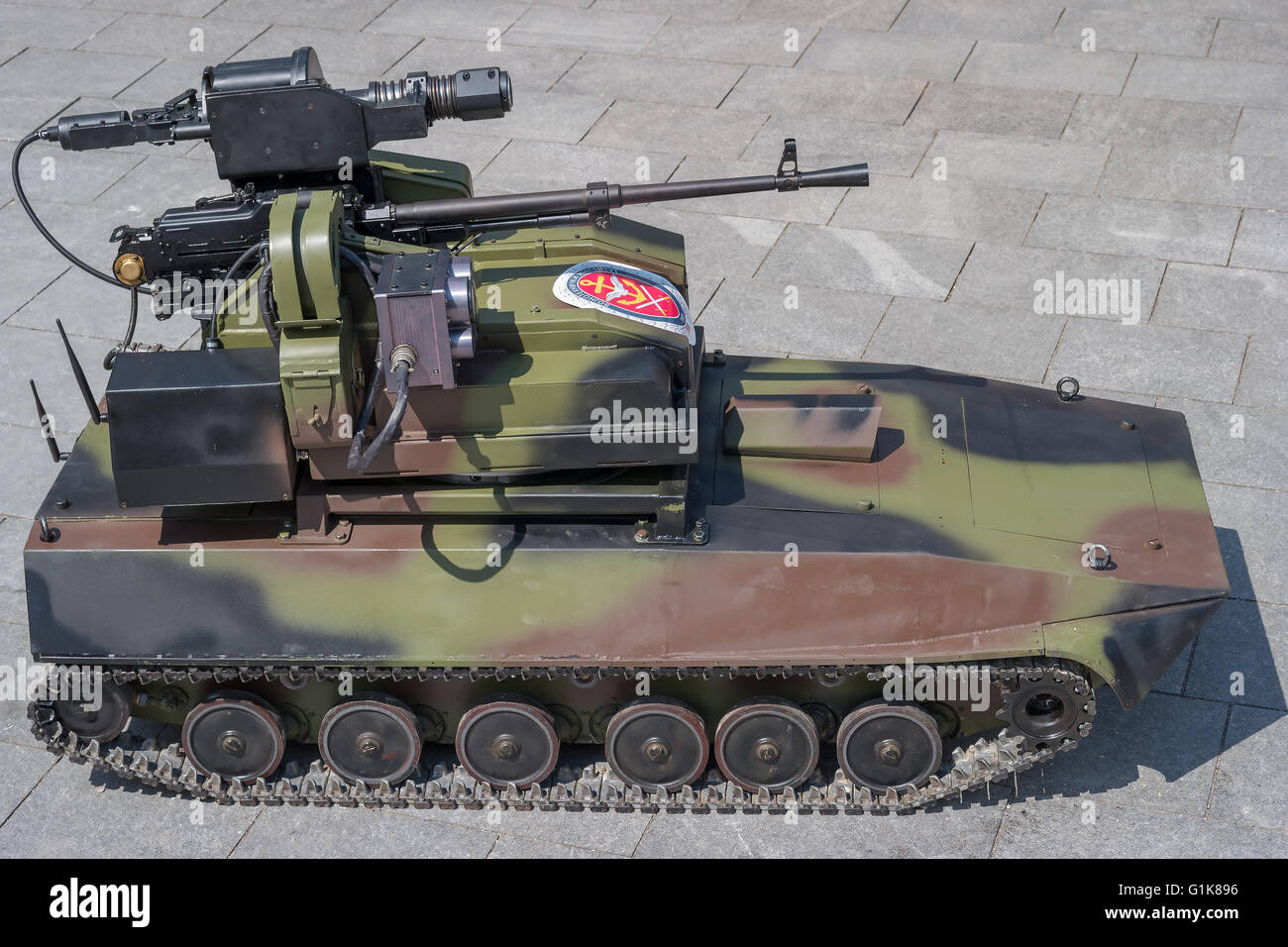 Zrenjanin, SERBIA: May 2016, MILOS, modern remote controlled short range  anti infantry drone armed with PKT 7.62mm Machine Gun a Stock Photo - Alamy