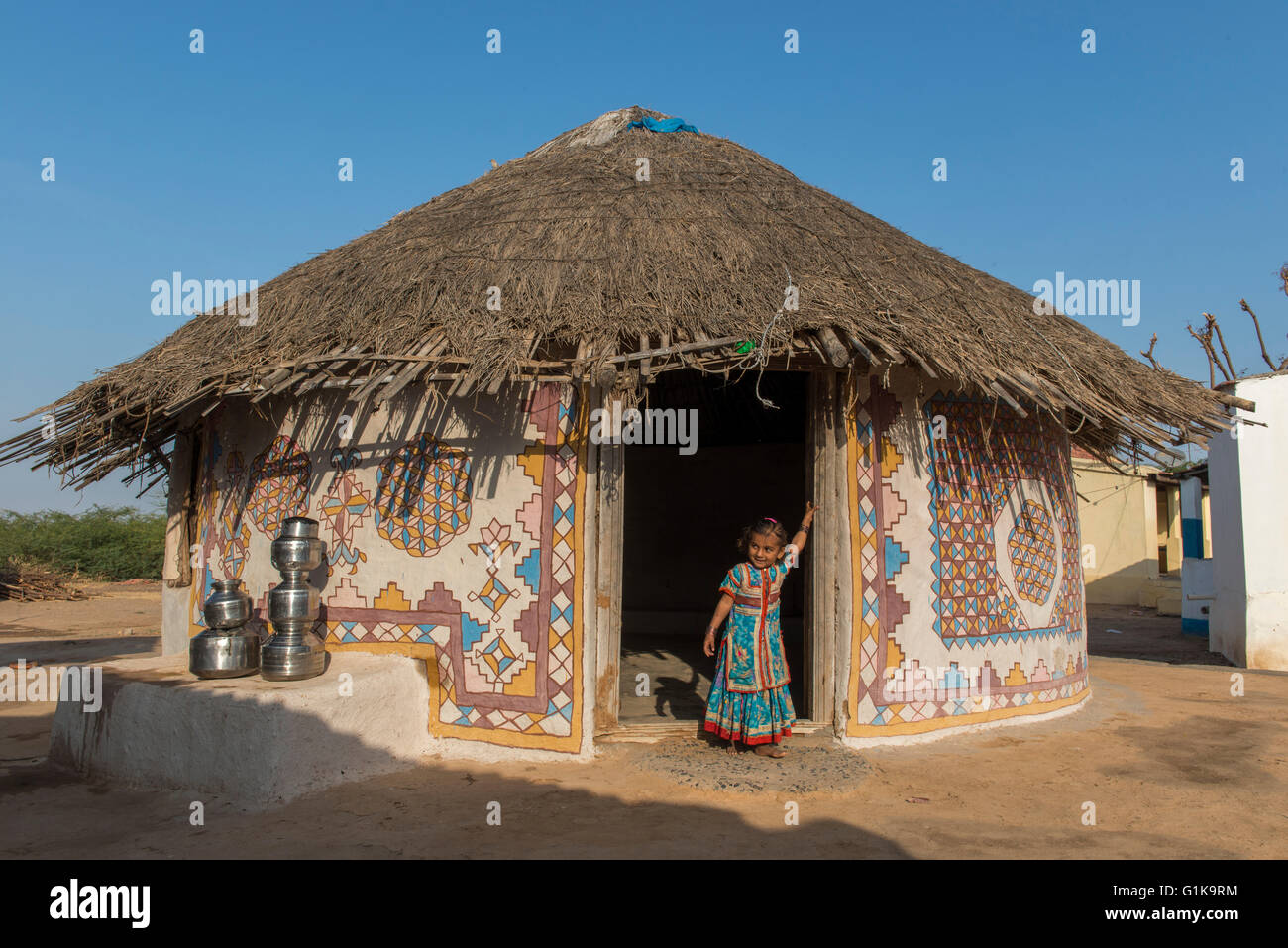 Meghwal Girl At Entrance Of Bhunga, Kutch Stock Photo