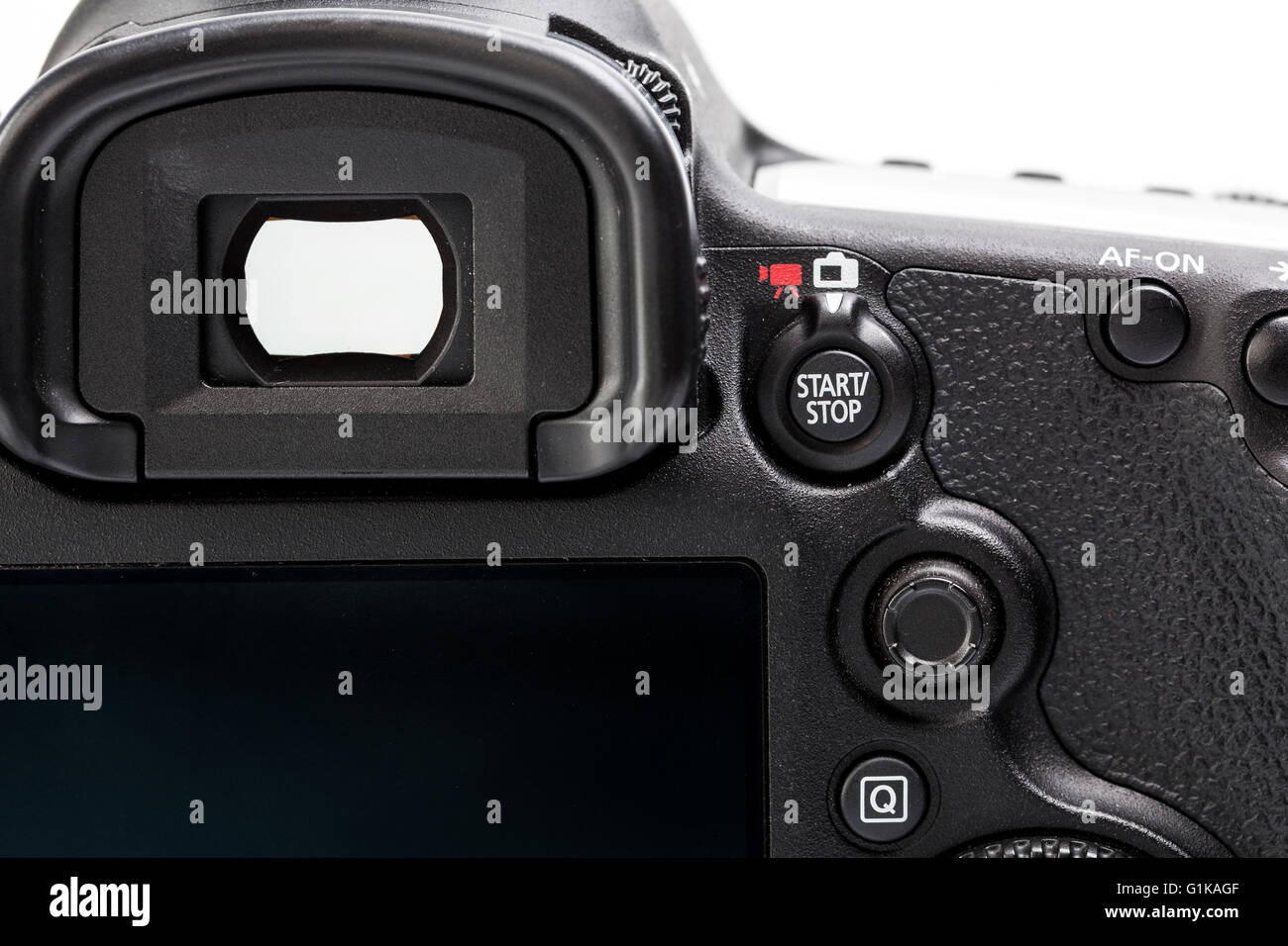 Professional modern DSLR camera detail of the top LCD with settings