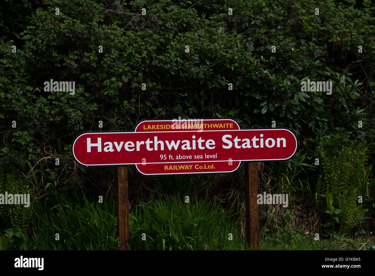 Station Sign at the Lakeside and Haverthwaite Railway Stock Photo